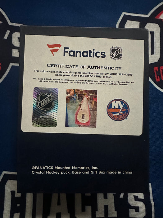 Mathew Barzal Autographed NY Islander Crystal Puck-Filled with UBS Ice from 2023-2024 Season (Fanatics)