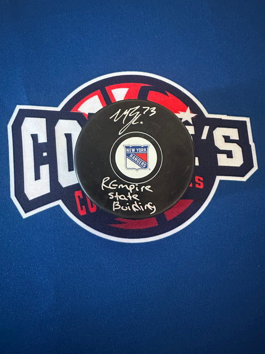 Matt Rempe Autographed NY Rangers Puck with REmpire State Building Inscription (Beckett)