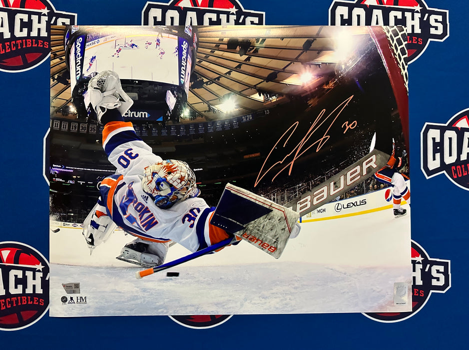 Ilya Sorokin Autographed New York Islanders 16x20 Save vs Rangers Photo (Fanatics)