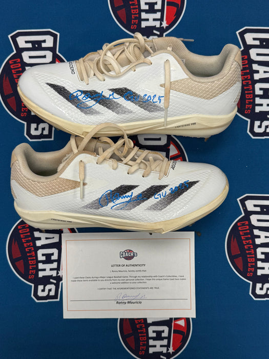 GAME USED Ronny Mauricio Autographed PAIR of Adidas Cleats w/ GU 2025 Inscription (JSA)