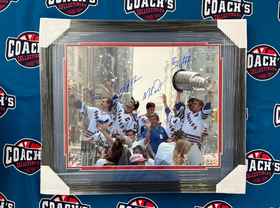 FRAMED Mark Messier, Brian Leetch, Mike Richter, Adam Graves QUAD Signed 16x20 Cup Celebration Photo (Beckett/JSA)