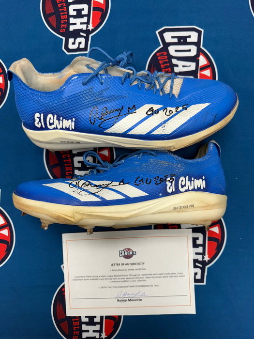 GAME USED Ronny Mauricio Autographed PAIR of Adidas Cleats w/ Game Used 2025 Inscription (JSA)