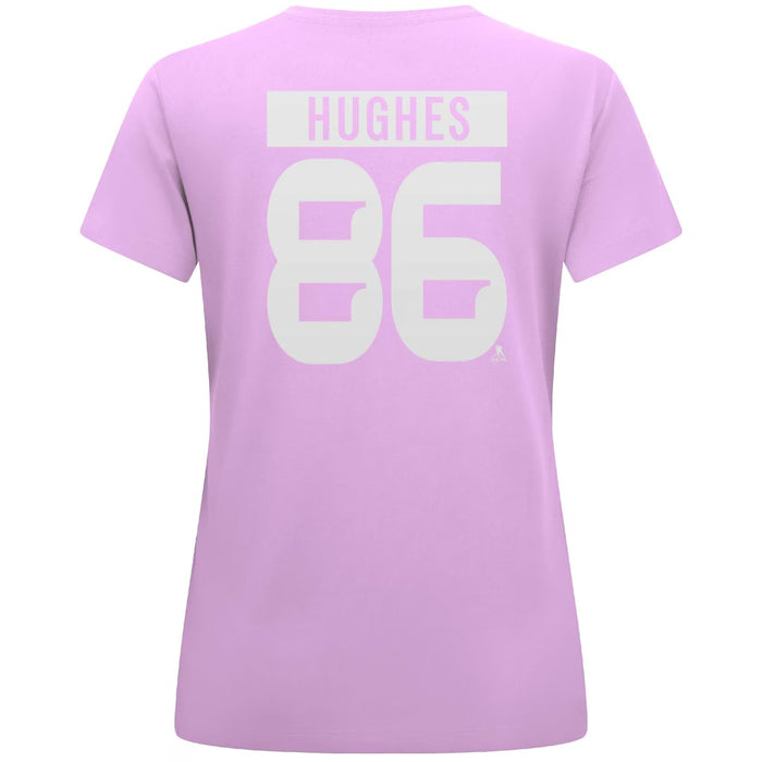 WOMEN'S Jack Hughes MEDIUM New Jersey Devils Levelwear Hockey Fights Cancer Anthem Name & Number T-Shirt - Lavender