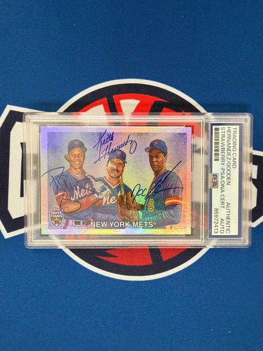 Keith Hernandez, Darryl Strawberry & Dwight Gooden Triple Autographed 2002 LE /1986 Topps Foil Super Team Slabbed Trading Card  (PSA Slab)