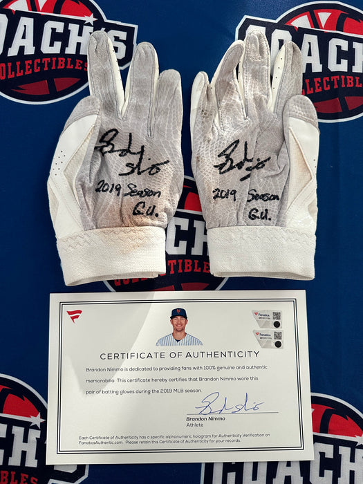 Brandon Nimmo Autographed NY Mets GAME USED Pair of Batting Gloves w/ Inscription (MLB/Fanatics)
