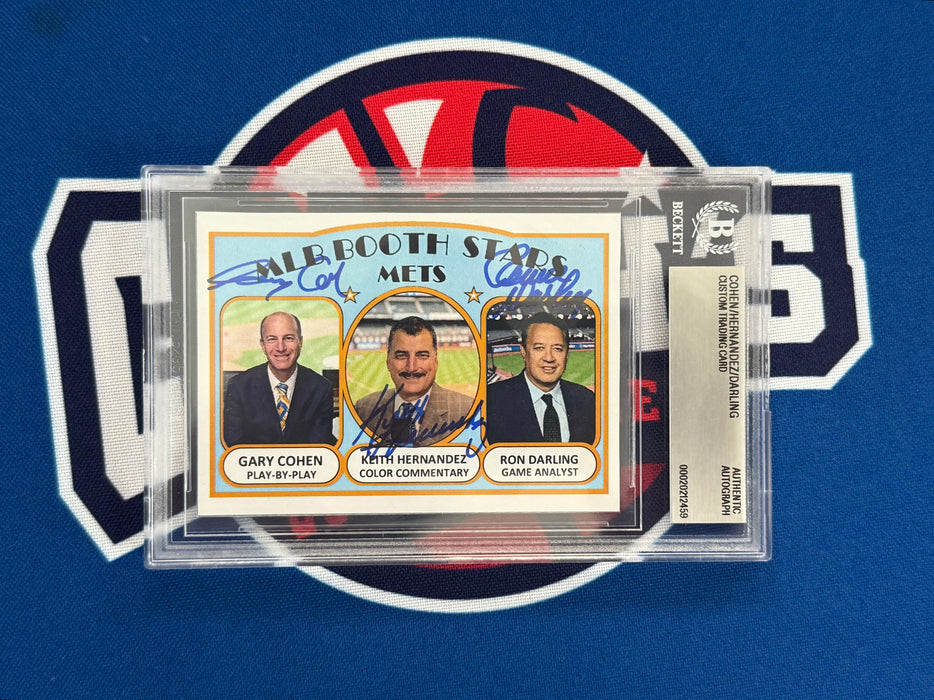 Keith Hernandez, Gary Cohen & Ron Darling Autographed Custom Trading Card (Beckett Slab)