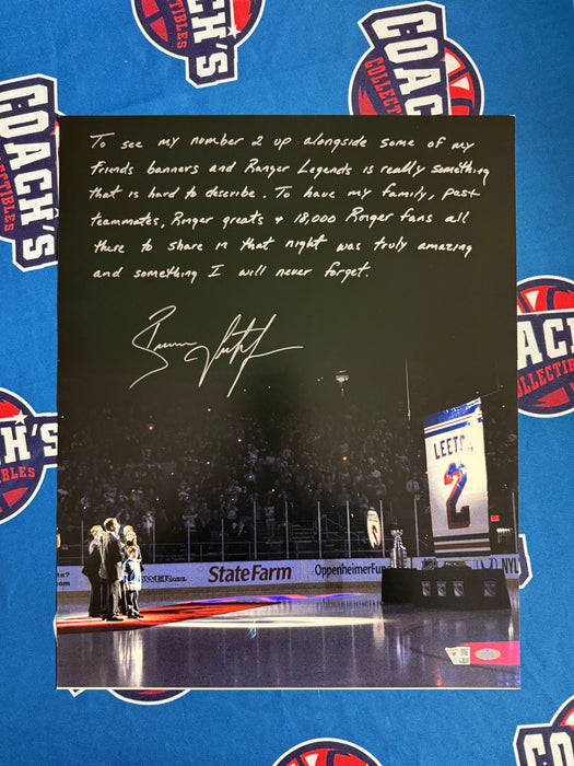 Brian Leetch Autographed 16x20 Photo with FULL Story of Jersey Retirement Night (Fanatics/Steiner)