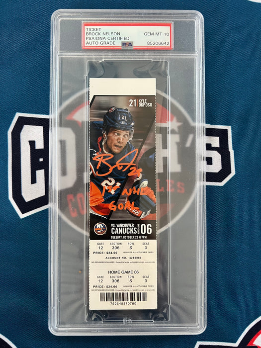 Brock Nelson Autographed Islanders vs Canucks Stub w/ Inscr 1st NHL Goal Gem 10 (PSA Slab)