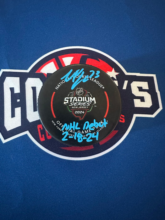 Matt Rempe Autographed NY Rangers 2024 Stadium Series Game Puck with NHL Debut 2-18-24 Inscription (Beckett)