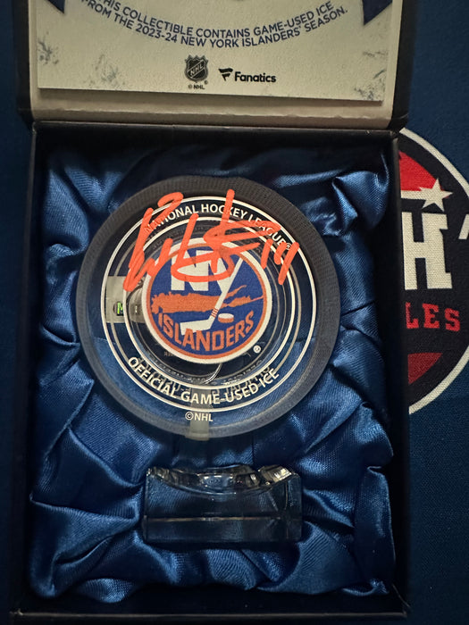 Bo Horvat Autographed NY Islander Crystal Puck-Filled with UBS Ice from 2023-2024 Season (Fanatics)