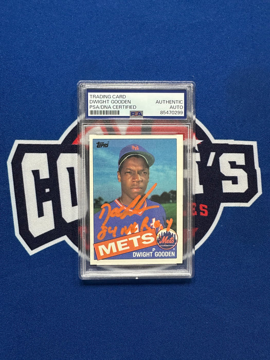 Dwight "Doc" Gooden Autographed 1985 Topps Rookie Slabbed Card w/ Inscr (PSA Slab)