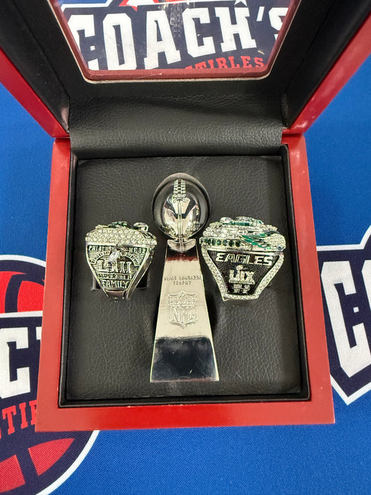 Philadelphia Eagles 3pc Replica Super Bowl LII & LIX Rings & Trophy with Display Box