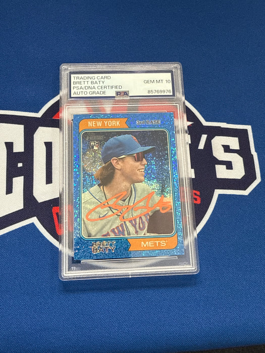 Brett Baty Autographed 2023 Topps Heritage Blue Sparkle Variation Rookie Card (PSA SLAB)