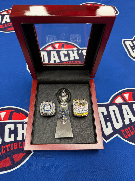 Peyton Manning 3pc Replica Super Bowl Ring & Trophy with Display Box