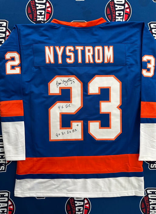 Bobby Nystrom Autographed CUSTOM NY Islanders Jersey w/ 4x SC 80, 81, 82, 83 (JSA)