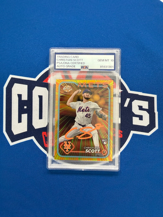 Christian Scott Autographed 2024 Topps Chrome Radiating Rookies Case Hit Refractor Rookie Card Gem 10 Auto (PSA SLAB)