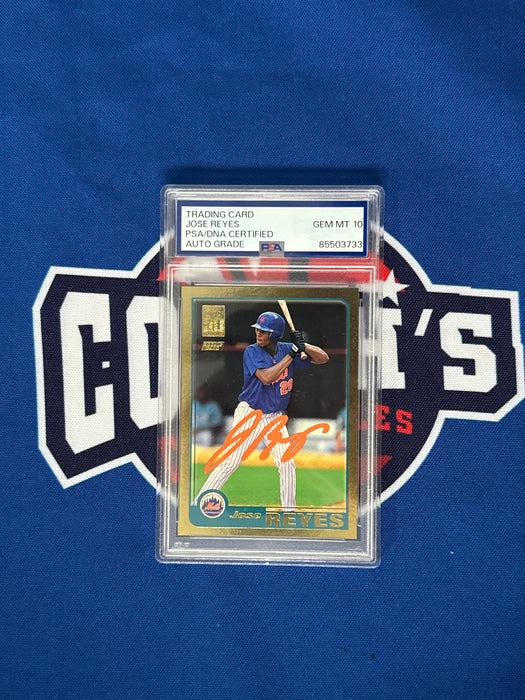 Jose Reyes Autographed NY Mets LE GOLD 2001 Topps Rookie Trading Card GEM 10 (PSA SLAB)