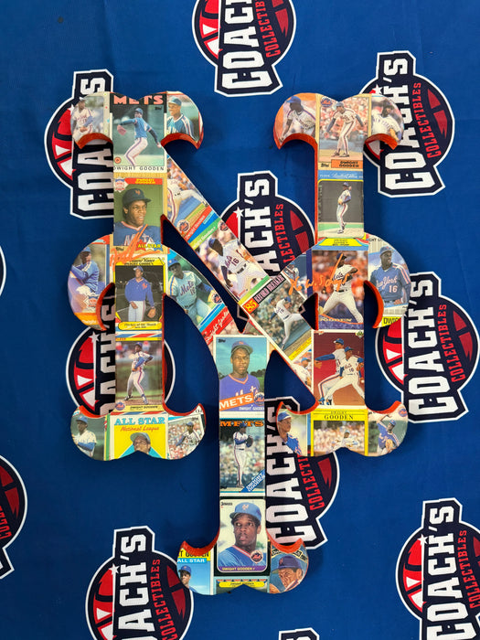 Dwight "Doc" Gooden Autographed 22" Hand made Wood NY Logo with Trading Cards & Inscription (JSA)
