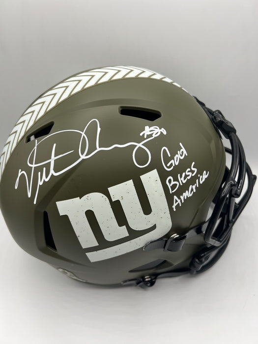 Victor Cruz Autographed NY Giants Full Size 2022 Salute to Service Speed Replica Helmet with God Bless America (Beckett)