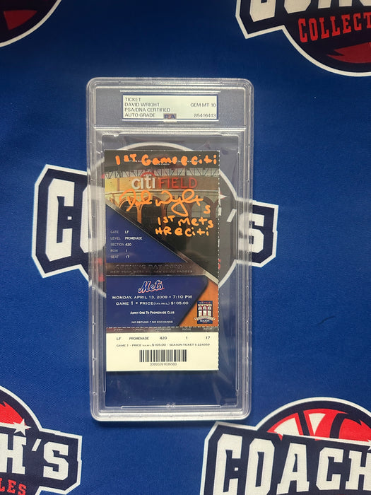 David Wright Autographed 2009 First Citi Field Opening Day Full Ticket with 2 Inscription Gem 10 Auto Grade (PSA SLABBED)