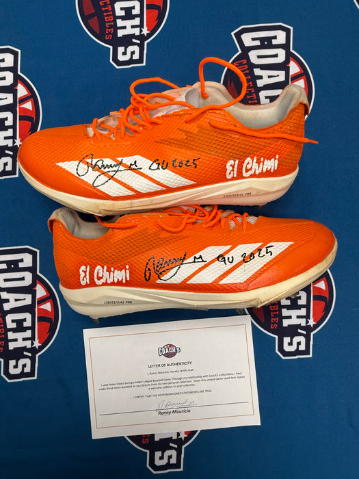 GAME USED Ronny Mauricio Autographed PAIR of Adidas Cleats w/ Game Used 2025 Inscription (JSA)