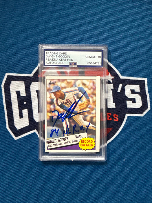 Dwight "Doc" Gooden Autographed 1985 Topps Record Breaker Rookie Card w/ Inscr Gem 10 Auto (PSA Slab)