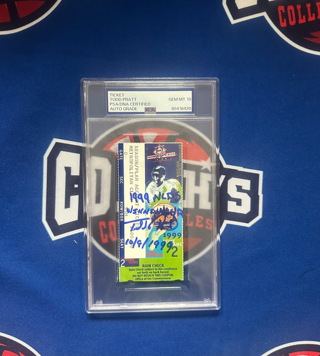 Todd Pratt Autographed 1999 NLDS Walk Off HR Ticket w/ Inscr Gem 10 Auto Grade (PSA SLABBED) (Copy)