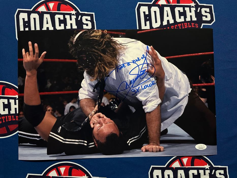 Mick Foley Autographed Mankind Mandible Claw on The Rock 11x17 Photo with Multi Inscriptions (JSA)