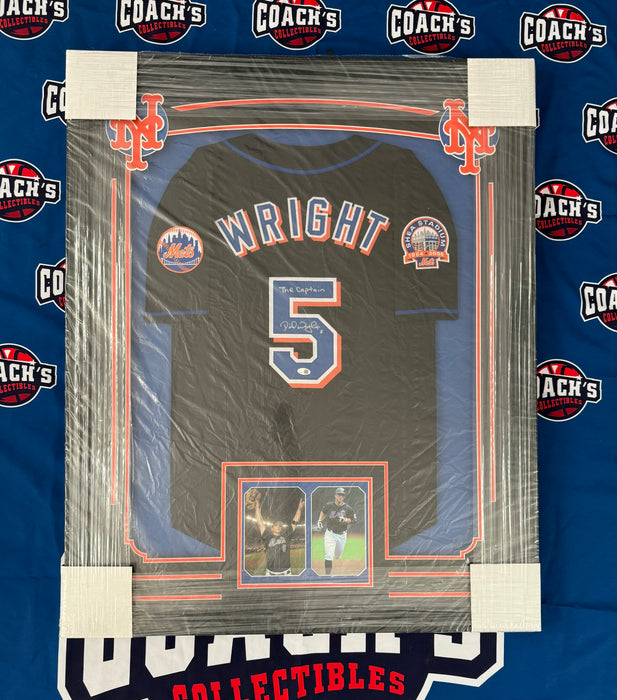 FRAMED David Wright Autographed CUSTOM NY Mets Black Jersey w/ The Captain (JSA)