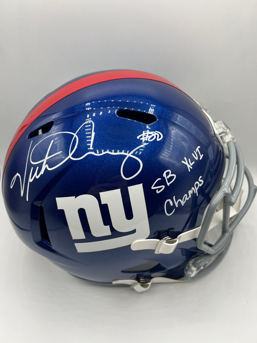 Victor Cruz Autographed NY Giants Full Size Speed Replica Helmet with SB XLVI Champs Inscr (Beckett)