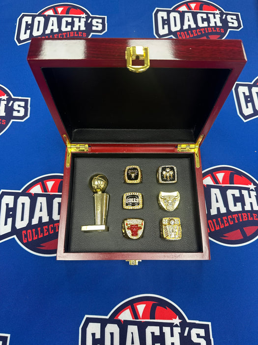 Chicago Bulls 6pc Replica NBA Championship Ring Set w/ Trophy & Display Box