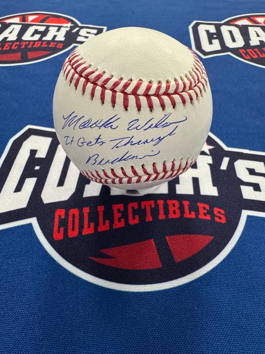 Mookie Wilson Autographed OML Baseball w/ It Gets through Buckner (JSA)