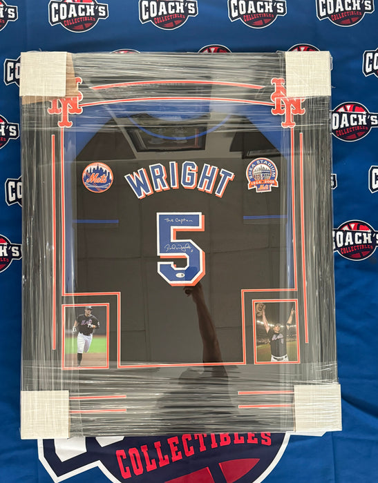 FRAMED David Wright Autographed CUSTOM NY Mets Black Jersey w/ The Captain (JSA)