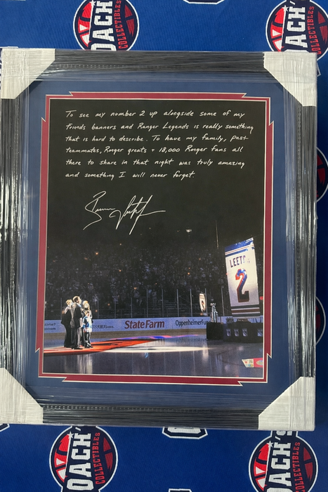 FRAMED Brian Leetch Autographed 16x20 Photo with FULL Story of Jersey Retirement Night (Fanatics/Steiner)