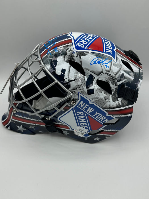 Henrik Lundqvist, Mike Richter & Igor Shesterkin TRIPLE Autographed NY Rangers Full Size Replica Goalie Mask (JSA/Fanatics)