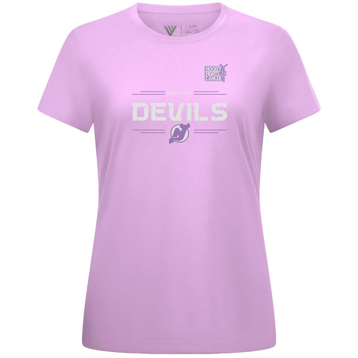 WOMEN'S Jack Hughes MEDIUM New Jersey Devils Levelwear Hockey Fights Cancer Anthem Name & Number T-Shirt - Lavender