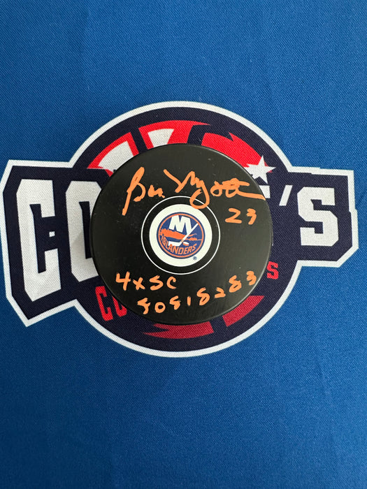 Bobby Nystrom Autographed NY Islanders Logo Puck w/ 4x SC 80, 81, 82, 83 (JSA)