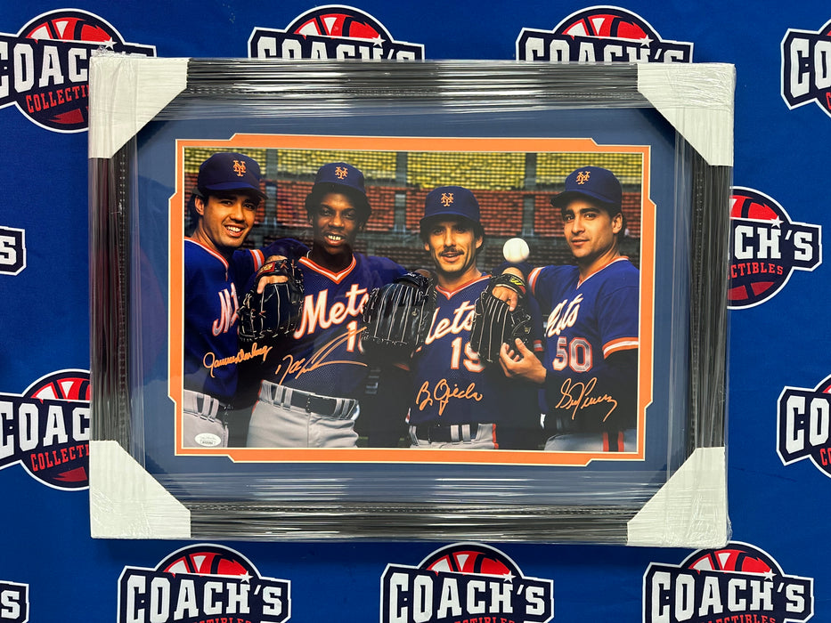 FRAMED Doc Gooden, Ron Darling, Sid Fernandez, & Bobby Ojeda Quad Signed 12x18 Photo (JSA)