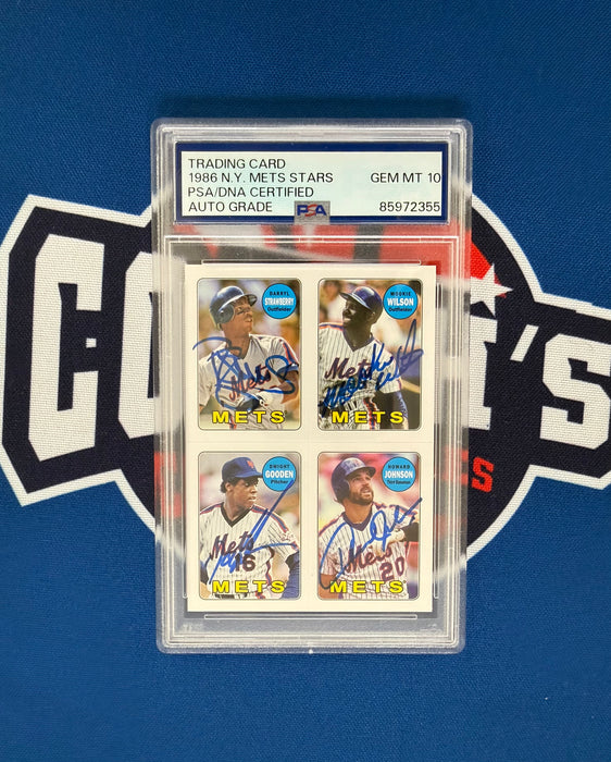 Darryl Strawberry, Doc Gooden, Mookie Wilson & Howard Johnson QUAD Autographed Topps Card Gem 10 Autos (PSA SLAB)