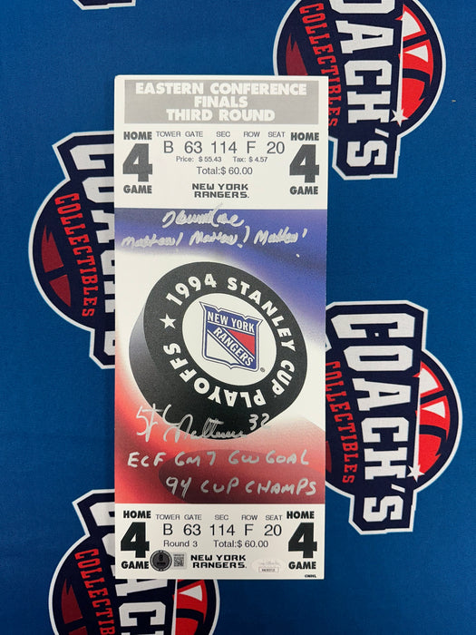 Howie Rose & Stephane Matteau DUAL Autographed NY Rangers ECF Game 7 Mini Mega Ticket with Inscr (JSA/Beckett)