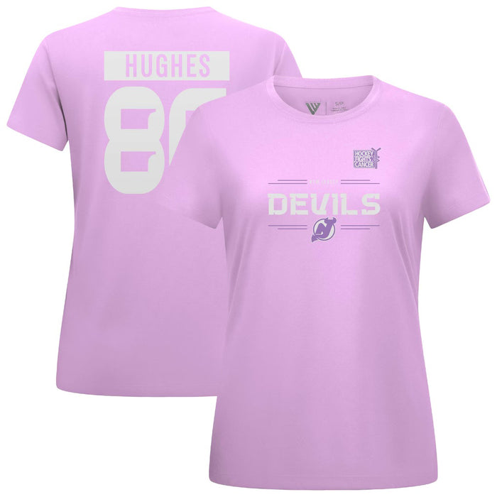 WOMEN'S Jack Hughes MEDIUM New Jersey Devils Levelwear Hockey Fights Cancer Anthem Name & Number T-Shirt - Lavender