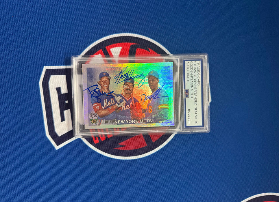 Keith Hernandez, Darryl Strawberry & Dwight Gooden Triple Autographed 2002 LE /1986 Topps Super Team Slabbed Trading Card Gem 10 Auto (PSA Slab)