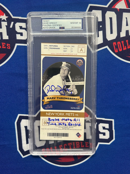 David Wright Autographed All Time Hit Record Game Stub with Inscription Gem 10 Auto Grade (PSA SLABBED)