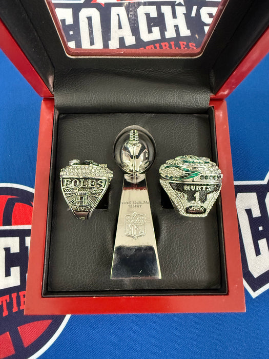 Philadelphia Eagles 3pc Replica Super Bowl LII & LIX Rings & Trophy with Display Box