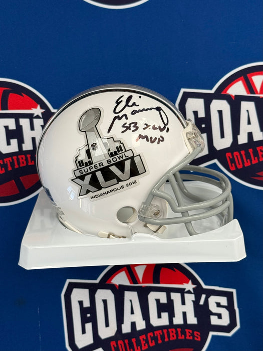 Eli Manning Autographed SB XLVI Logo Mini Helmet w/ SB XLVI MVP Inscription (Fanatics)