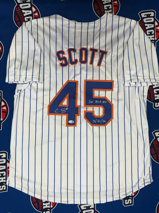 Christian Scott Autographed NY Mets CUSTOM Pinstripe Jersey w/ 1st MLB Win 5-30-26 (JSA)