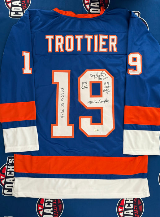 Bryan Trottier Autographed CUSTOM NY Islanders Jersey w/ Multiple Inscriptions (JSA)