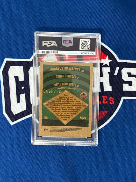 Keith Hernandez, Darryl Strawberry & Dwight Gooden Triple Autographed 2002 LE /1986 Topps Super Team Slabbed Trading Card Gem 10 Auto (PSA Slab)