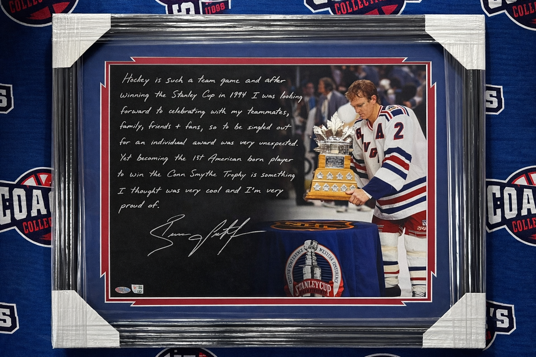 FRAMED Brian Leetch Autographed 16x20 Photo with FULL Story of Conn Smythe Award (Fanatics/Steiner)
