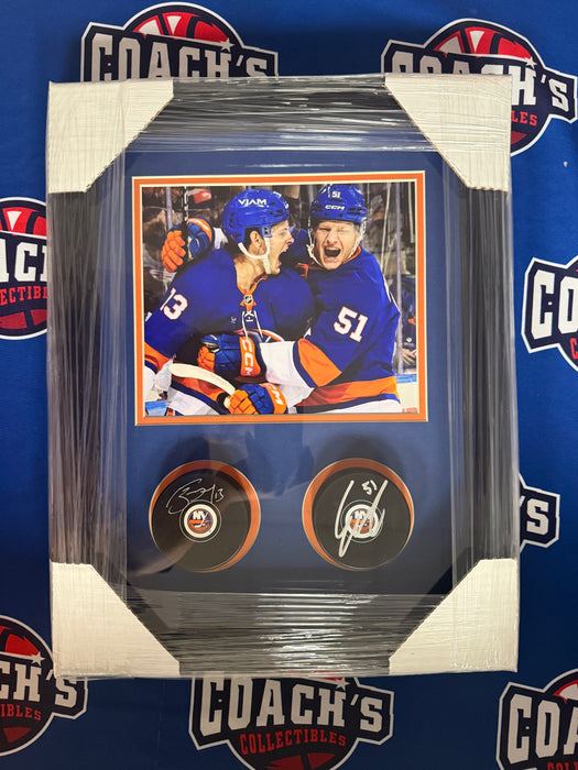 Mathew Barzal & Emil Heineman DUAL Autographed PuckS in 12”x16” Custom Shadowbox (Fanatics/JSA)